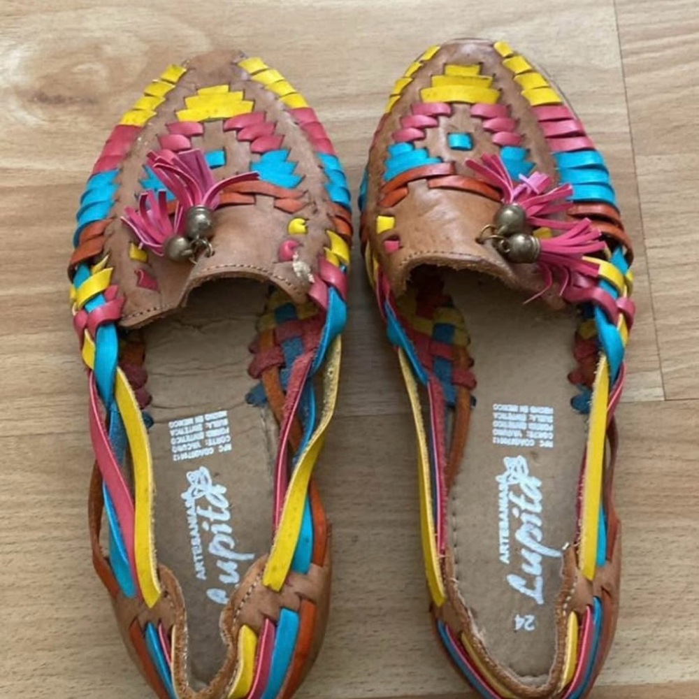 Brown and Pink Leather Flats with Intricate Weave